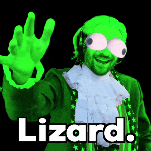 a man in a green suit with the word lizard in white