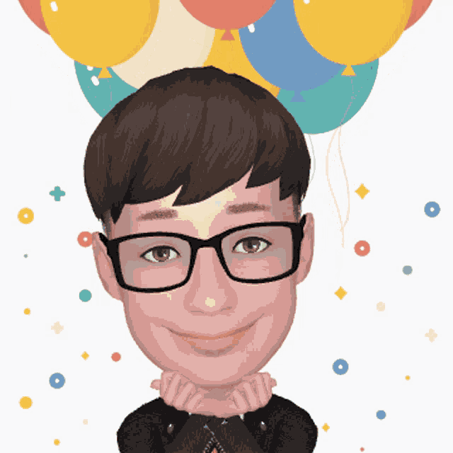 a cartoon of a man with glasses and balloons behind him