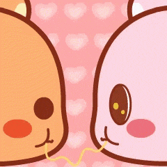 a brown and a pink bear holding a string between their mouths