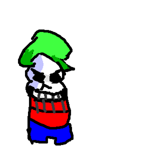 a cartoon drawing of a skeleton wearing a green hat and a red and blue shirt .