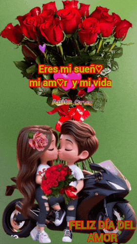a couple kissing on a motorcycle with a bouquet of red roses