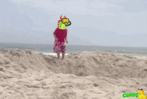 a cartoon of a man standing on a sandy beach with a creepz logo in the corner