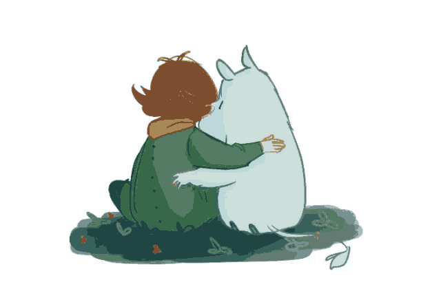 a cartoon drawing of a girl hugging a white rabbit