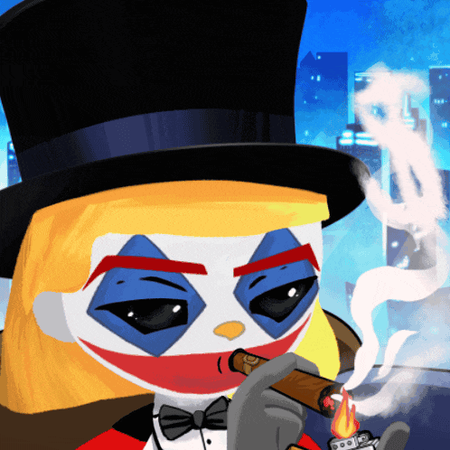 a cartoon clown wearing a top hat smoking a cigar