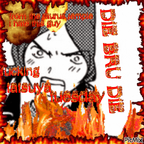 a picture of a cartoon character with the words " from the aura temple i hate this guy " on it