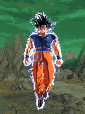 a cartoon character with a blue shirt and orange pants is standing in front of a green background