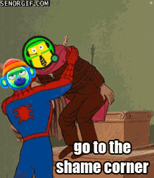 a cartoon of spongebob and spider-man with a caption that says " go to the shame corner "