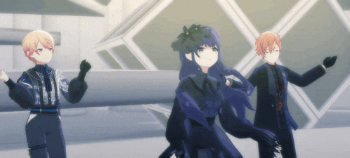 three anime characters are dancing in a room