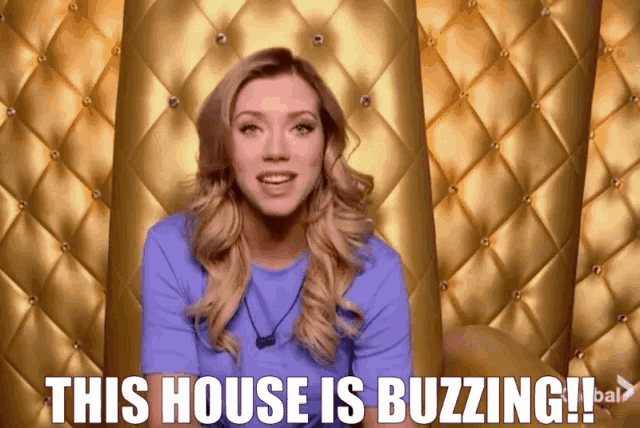 a woman in a purple shirt says " this house is buzzing !!! "
