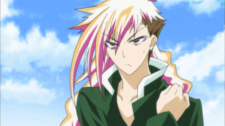 a cartoon character with pink and white hair looks angry