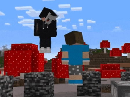 a man in a mask is standing on a block in a minecraft game