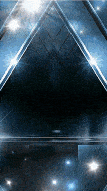 a dark room with a triangle in the middle and a lot of lights