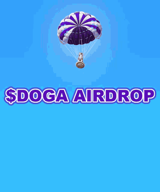 a dog is hanging from a purple and white parachute with the words $ doga airdrop above it