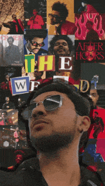 a man wearing sunglasses is surrounded by a collage of pictures including one that says the weeknd after hours