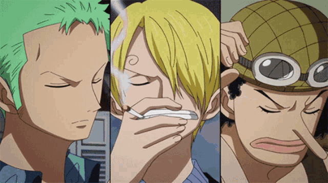 three anime characters are smoking cigarettes and one of them has a green hair