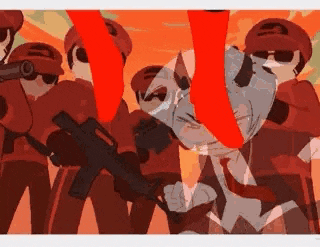 a group of soldiers standing next to each other holding guns and a man in a suit and tie .