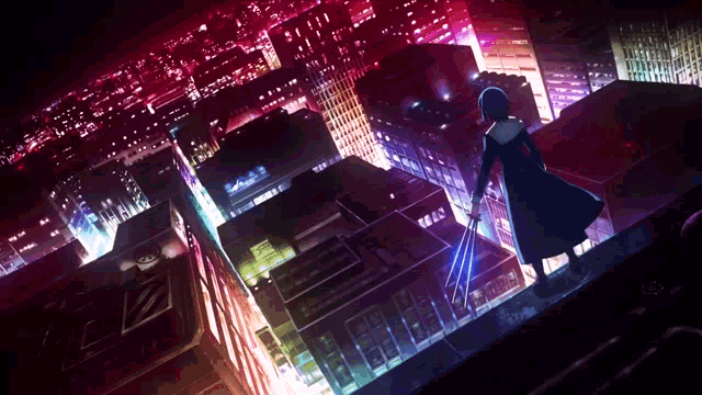 a person standing on top of a building with a sword in front of a city skyline