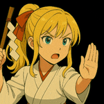 a girl with blonde hair is holding a stick and making a stop sign with her hand