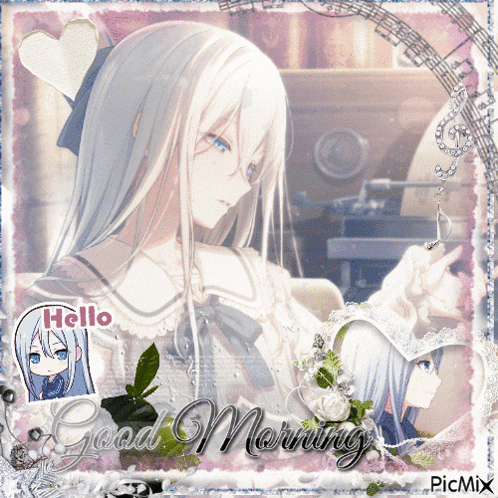 a picture of a girl with long white hair and blue eyes says good morning