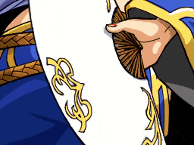 a cartoon drawing of a person holding a fan with the letter s on it