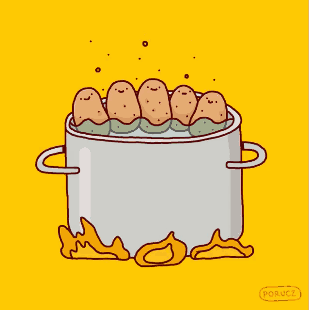 potatoes are boiling in a pot with flames coming out of the pot