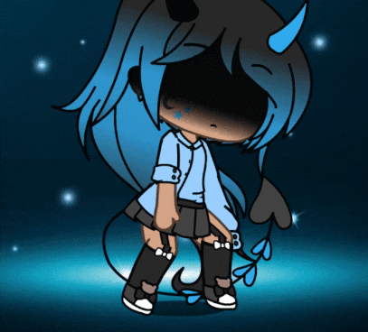a drawing of a girl with blue hair and horns has the letter b on her knee