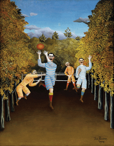 a painting of a group of men playing soccer with the year 1898 on the bottom right