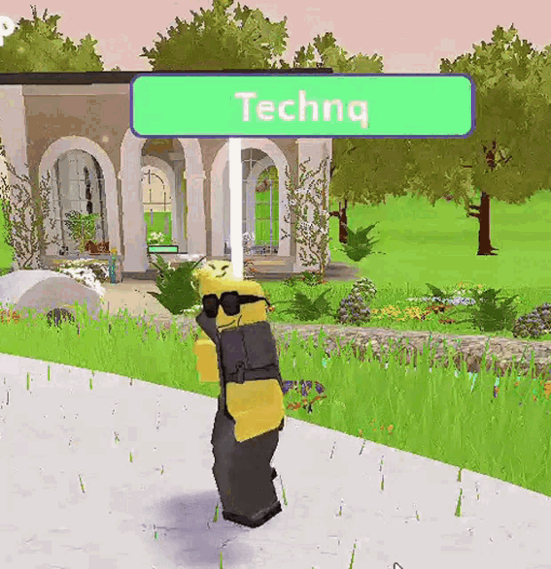 a person in a video game is standing in front of a sign that says technq