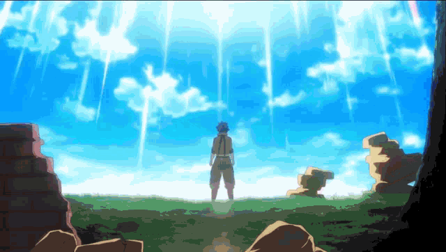 a man is standing in a field with a blue sky behind him