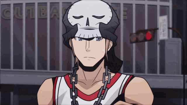 a man wearing a skull mask and chains is standing in front of a building that says cutback
