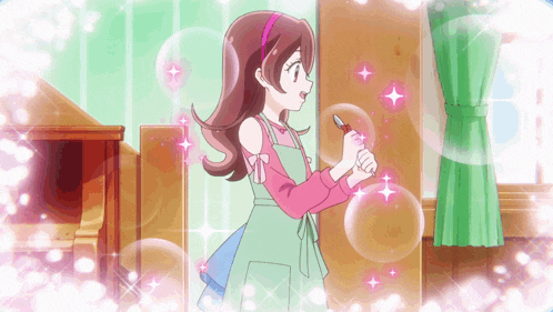 a girl in an apron holds a knife in her hand