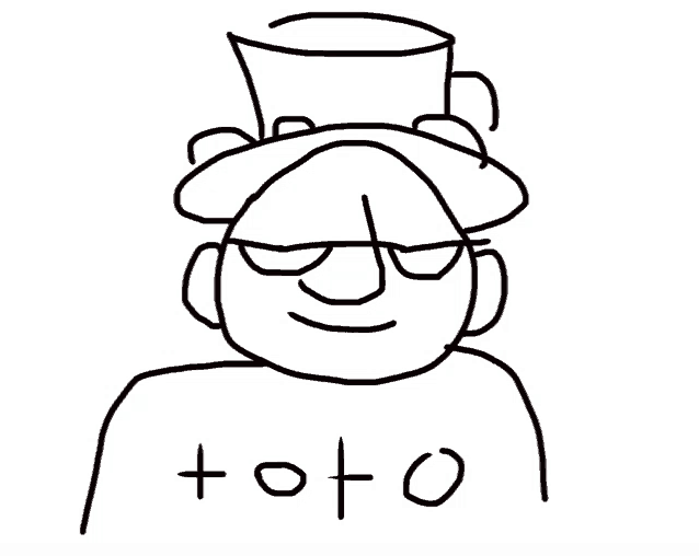 a black and white drawing of a man wearing a top hat and sunglasses with toto written on his shirt