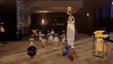 a group of people are playing a video game and one of them has a penguin on her head
