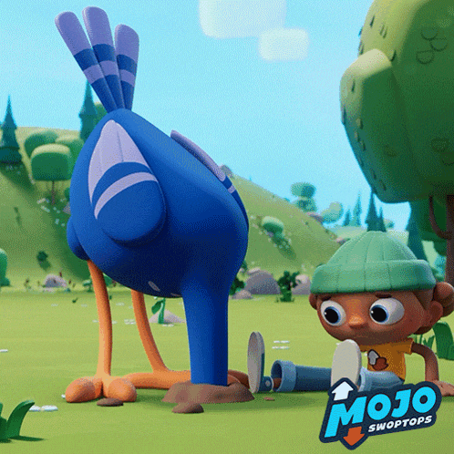 a blue bird is standing next to a boy wearing a green hat with the word mojo on it