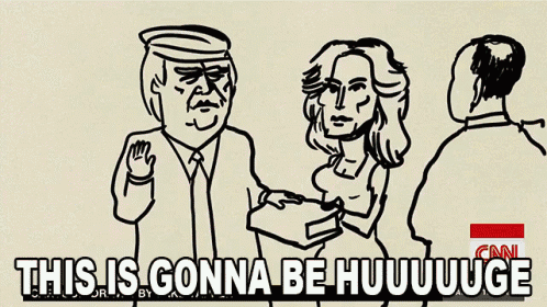 a cartoon of donald trump being sworn in by a woman with the caption " this is gonna be huuuuge "