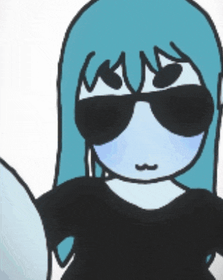 a drawing of a girl with blue hair and sunglasses