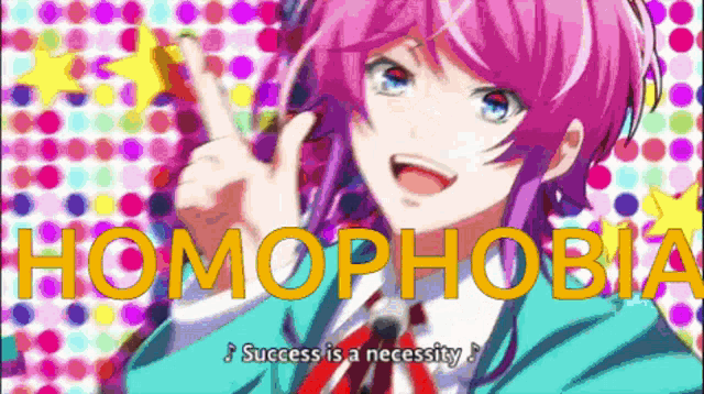 a girl with pink hair and blue eyes giving a peace sign with the words homophobia above her