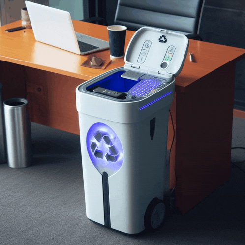 a trash can with a recycling symbol on it sits on a desk