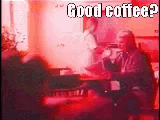 a group of people sitting at a table with the words " good coffee " on the bottom