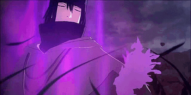 a cartoon character is standing in front of a purple background with a sword .
