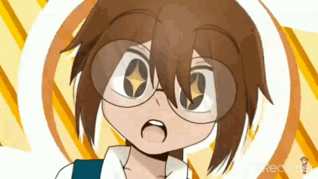 a close up of a cartoon character wearing glasses and a blue shirt .