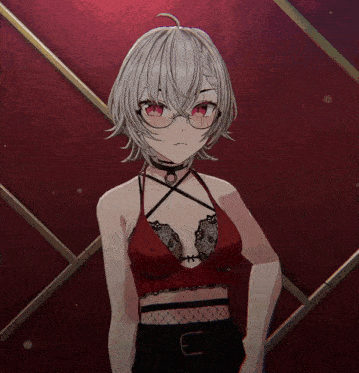 a girl with white hair and red eyes is wearing glasses and a red bra