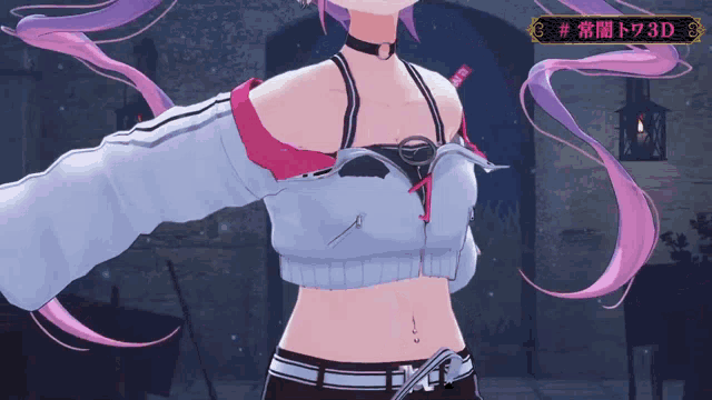 a girl with purple hair is wearing a white top