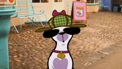 a cartoon dog wearing sunglasses and a hat with a bow