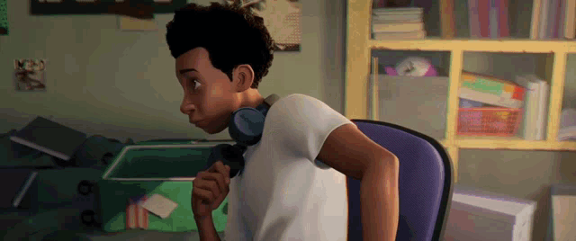a cartoon character is wearing headphones around his neck while sitting in a chair .