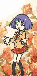 a cartoon girl in a school uniform and tie is standing in front of roses .