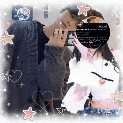 a man and a woman are taking a selfie with a sticker that says liv koko owo on it