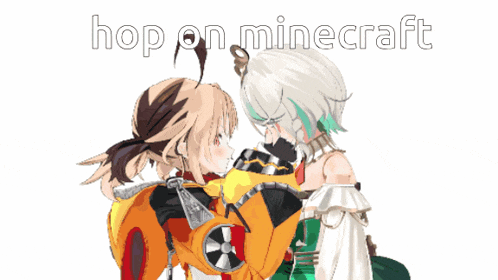 a couple of anime characters with the words hop on minecraft