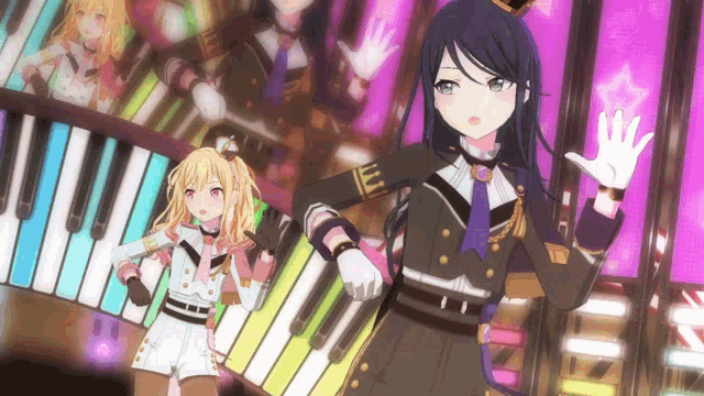 two anime girls are standing next to each other in front of a keyboard