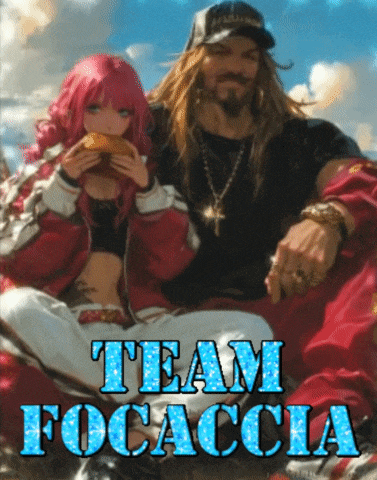 a man and a girl are sitting next to each other and the words team focaccia are on the bottom